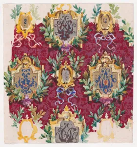 Design for Wallpaper with Alternating Vertical Rows of Pairs of Ornamental Frames of Two Sizes Framed by Interlacing Garlands of Laurel Leaves Tied by a Bow