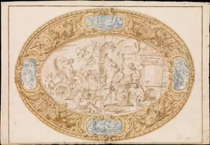 Design (Full-Scale Working Drawing) for a Large Oval Silver Dish with Silver Gilt Border Showing Vulcan's Forge