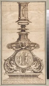 Design of a Candlestick with Winged Figures at Base Surrounding Scenic Medallion