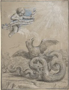 Design with an Eagle Fighting with a Serpent and a Putto in the Sky Holding an Inscribed Banner.