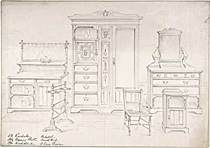 Designs for a Wardrobe, Dressing Chest, Wash Stand, Pedestal, Towel Rail and Cane Chairs by Anonymous, British, 19th century