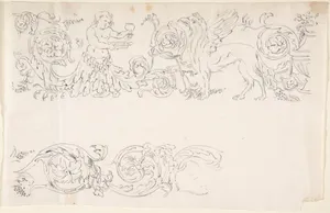 Designs for Decorative Borders with Floral Ornamentation and a Putto and Griffin