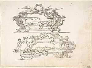 Designs for Two Reliquary Caskets; at top Bishop; at bottom: Skulls and Bones by Anonymous, Italian, Piedmontese, 18th century