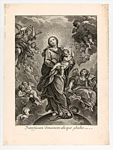 Destroy the dragon without sword; (Dan. 14.25); Virgin and Child on hemisphere by Johann Jakob Frey the Elder|Carlo Maratti