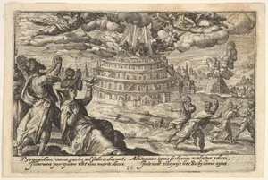 Destruction of the Tower of Babel: at right men and women flee from the burning tower, at left men and women raise their hands toward two flying angels, from "Liber Genesis"