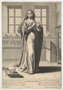 Dialectic: a young woman standing in a decorated interior and touching her right index finger to her left middle finger in a counting gesture, at her feet is a toad seated on a stack of books, from "The liberal arts" (Les arts liberaux)