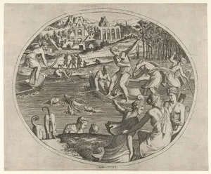 Diana and Her Nymphs Pursuing a Stag, from "Three Prints on Hunting and Fishing"