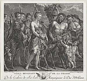 Diana returning from the chase, accompanied by dogs and her nymphs at left, two satyrs at right by Jean Bernard Duvivier|Robert de Launay|Peter Paul Rubens