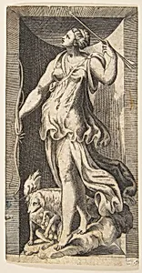 Diana the huntress acompanied by her dogs standing in a niche by Giulio Bonasone
