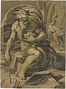 Diogenes, seated before his barrel, reading from a book, a plucked hen standing behind him at right by Ugo da Carpi|Parmigianino (Girolamo Francesco Maria Mazzola)