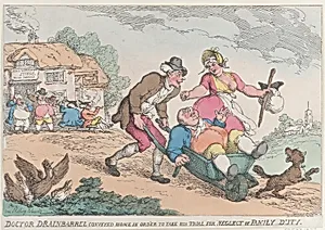 Doctor Drainbarrel Conveyed Home in order to Take His Trial for Neglect of Family Duty by Thomas Rowlandson