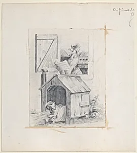 Dog in doghouse; cock singing at window
