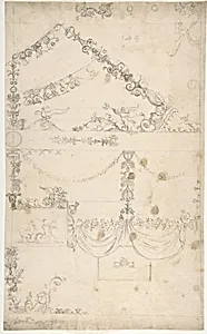 Domus Aurea, Volta Gialla, grotteschi, details (recto) Unidentified building, thermal window, elevation (verso) by Anonymous, French, 16th century