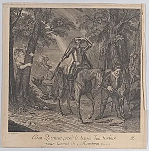 Don Quixote on horseback with a barber's bowl on his head as a hat by Charles Antoine Coypel|Louis Surugue