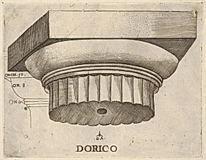 Doric capital with measurements by Monogrammist G.A. & the Caltrop