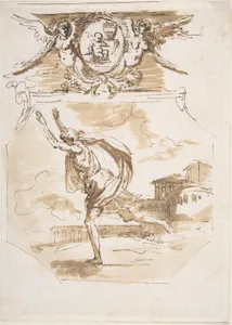 Draped Man Running; Cartouche Supported by Two Winged Victories