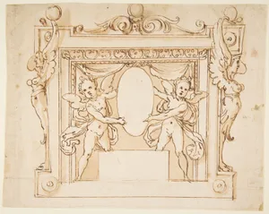 Drawing for a Memorial Tablet: Two Winged Children Holding an Empty Oval in a Frame with Gryphons