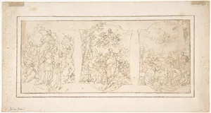 Drawing for Ceiling Decoration Consisting of Three Panels Each Showing a Different Scene with Figures