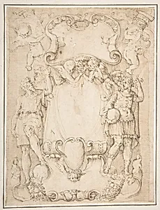 Drawing of Cartouche with Bearded Man Left, Young man crowned with Laurels Right, and Four Putti by Battista Franco