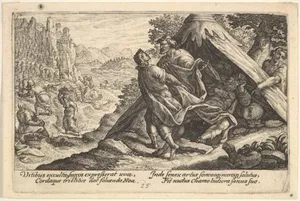 Drunkenness of Noah: Shem and Japheth cover the naked body of Noah, who lies in a tent, a male figure at far right points to Noah, from "Liber Genesis"