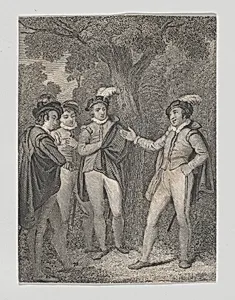 Dumain, Biron, the King, and Longaville (Shakespeare, Love's Labour's Lost, Act 4, Scene 3) by John Massey Wright|William Shakespeare|Charles Heath, the elder