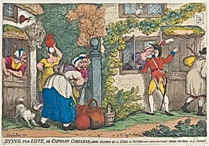 Dying for Love, or Captain Careless, Shot Flying by a Girl of Fifteen who Unexpectedly Popped Her Head out of a Casement by Thomas Rowlandson|Thomas Tegg