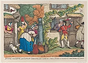 Dying for Love, or Captain Careless, Shot Flying by a Girl of Fifteen who Unexpectedly Popped Her Head out of a Casement by Thomas Tegg|Thomas Rowlandson