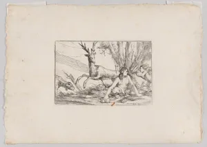 Earth, represented by Cybele seated at the base of a tree with fruits of the earth spread before her, a cupid with a torch approaches from the right, a stag and hound look toward Cybele from the left, from "The Elements"