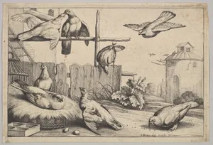 Eight Pigeons (or Doves) in a Farmyard near a Coup, a Dovecote in the Background