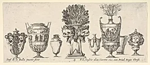 Eight vases, a clepsydra in center decorated with two skulls with laurel wreaths, plate 6 from 'Collection of Various Vases' (Raccolta di Vasi Diversi) by Stefano della Bella|François Langlois