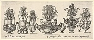 Eight vases, the largest one in the middle with three sculptures in the round of two nymphs and a triton, Plate 2 from: 'Collection of Various Vases' (Raccolta di Vasi Diversi) by Stefano della Bella|François Langlois