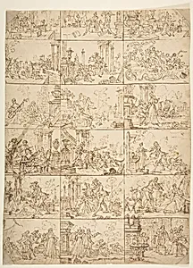 Eighteen Scenes of Courtship (recto), Study of Two Men Meeting Before a Portico by Anonymous, French, 18th century