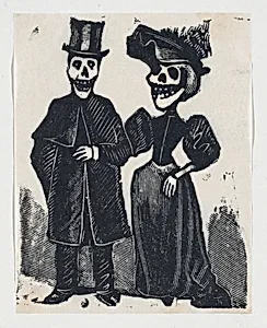 Elegantly dressed male and female skeletons arm in arm (vignette for the feast of the dead) by José Guadalupe Posada