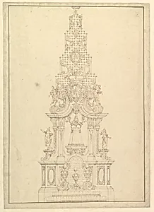 Elevation of a Catafalque: the Central Part Comprised of a Series of Steps to Top; with Statues and Central Cartouche with a Figural Scene: a Figure Kneeling before Virgin and Child (?) by Giuseppe Galli Bibiena