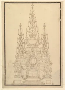 Elevation of a Catafalque, Three Obelisks with Fluer-de-lys and Candles, Dated on Plaque at Bottom 1733.