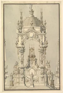 Elevation of a Catafalque with royal Crown and Order of the Golden Fleece, for a Duke of Lorraine, probably Leopold (d. 1729)