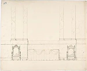 Elevation of a Wall with Marble Pilasters, a Draped Table and Two Armchairs with Footstools by Anonymous, British, 19th century