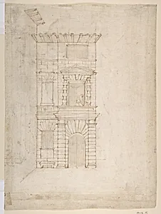Elevation of Giulio Romano's House (recto); the Ruins from the Caelius Aqueduct and Temple of Claudius in Rome (verso) by Giovanni Battista Naldini