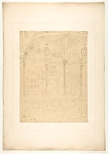 Elevation of the corner of a room decorated with Renaissance-style murals and carved woodwork by Jules-Edmond-Charles Lachaise|Eugène-Pierre Gourdet