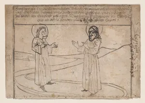 Elias and Enoch Descend from Heaven, from a Quindecim signa extremi judicii diem praecedentia (Antichrist and the Fifteen Signs) blockbook, 1st edition