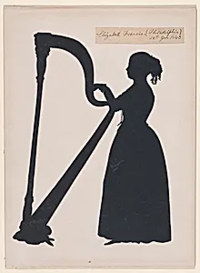 Elizabeth Francis, standing to the left with a harp