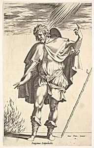 Empedocles, standing frontally with his head turned in three-quarter view, directs his gaze toward a flame (the crater of Mount Aetna?) emerging from a horizontal ground line, a walking stick leans toward the right margin by René Boyvin|Rosso Fiorentino
