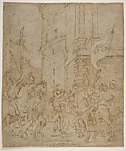 Emperor greeted by a warrior