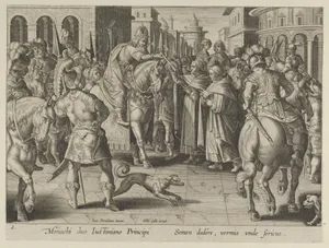 Emperor Justinian Receiving the First Imported Silkworm Eggs from Nestorian Monks, Plate 2 from "The Introduction of the Silkworm" [Vermis Sericus]