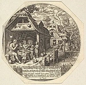 Enoch and his family surrounding a meal table and holding their hands in a gesture of prayer; behind them is the open end of house; to the right a woman hands out bread to a child, young man, and old man by Gillis Mostaert the Elder|Johann Theodor de Bry