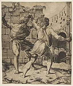 Entellus and Dares fighting in front of classical ruins by Marco Dente|Raphael (Raffaello Sanzio or Santi)