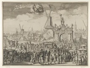 Entrance of William III into The Hague (Inhaling van S.K. Maj. aende Westeynder brug door de E.A. Magistraet van s'Gravenhage / Reception de sa Majesté au pont du Westende) from Bidloo, Inkomste van Koning Willem III