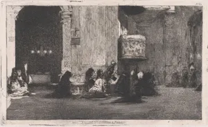 Entrance to the church of St Joseph (San José), Madrid, figures seated on the ground in front