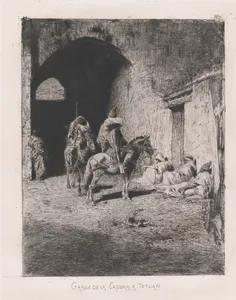Entrance to the Kasbah in Tetuan, figures sitting on the ground, others on horseback