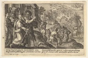 Entry into the ark: Noah and his family walk toward the ark in the background, pairs of animals walk up a ramp leading into the ark, from "Liber Genesis"